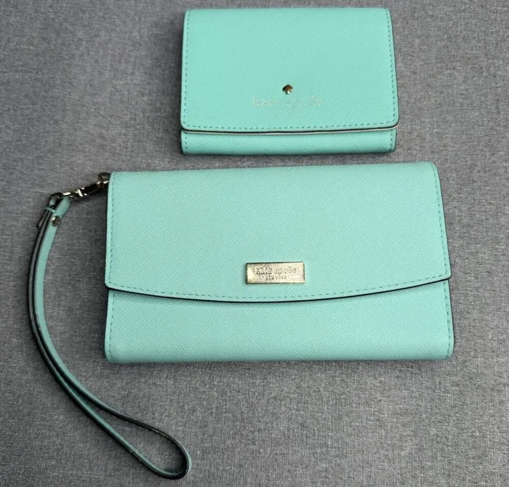 Kate Spade Teal Light Blue Leather Credit Card ID Window Trifold Wristlet Coin